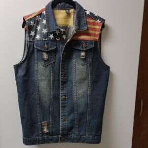 Distressed Denim Vest with American Flag Design Men's Size Small